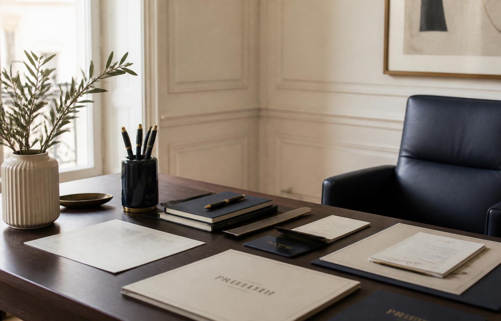 Bureau élégant avec carnet, documents alignés et branche végétale