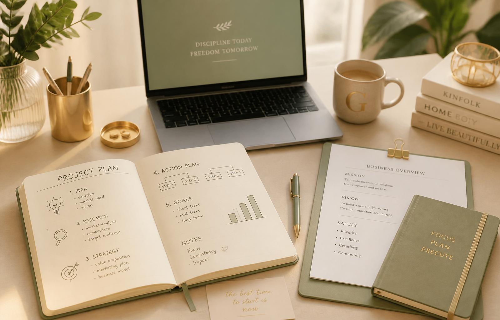 Bureau chaleureux avec carnet ouvert, plan de projet et laptop pour un démarrage d'entreprise