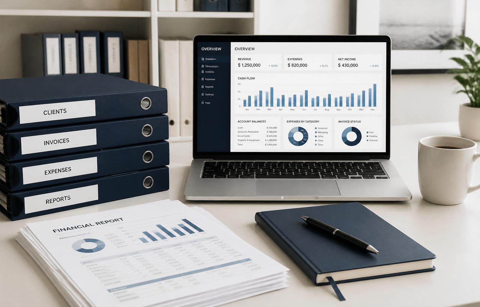 Espace de travail structuré avec dossiers et documents comptables
